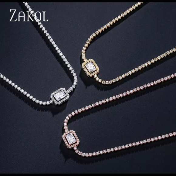 ZAKOL Rectangle Cubic Zirconia Coker Necklace - Picture 4 of 7